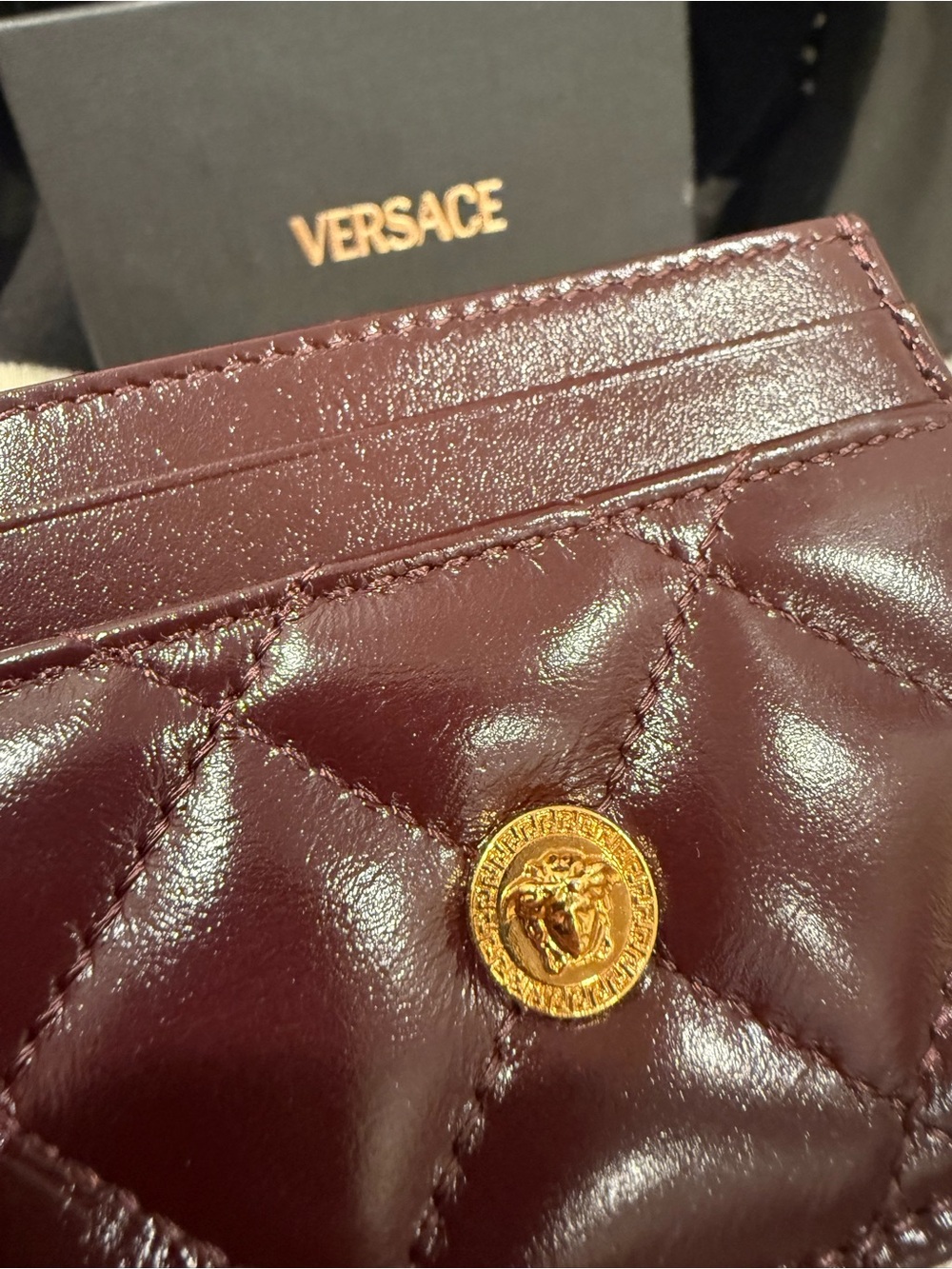 Versace Deep Wine Quilted Card Case with Gold Medusa Button Full inclusion! - Picture 3 of 4